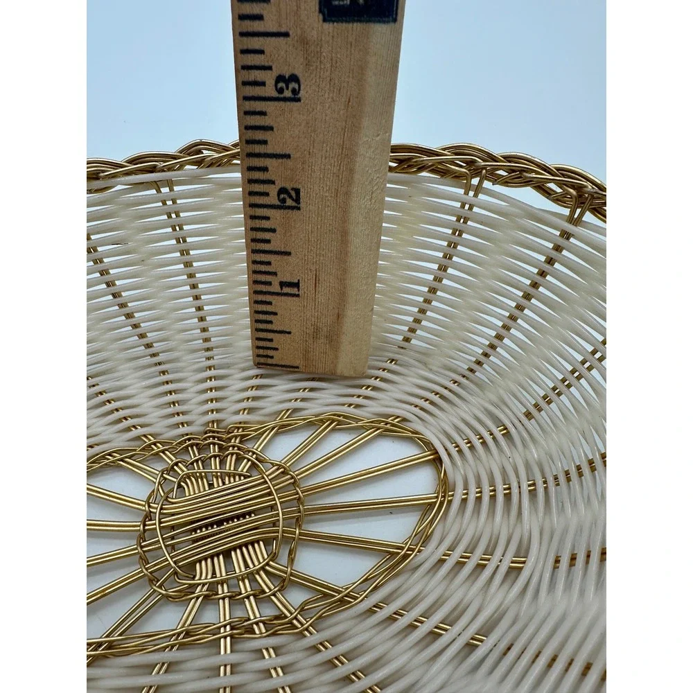 Vintage Oval Woven Wire Basket Hollywood Regency White Gold 9.5 inch